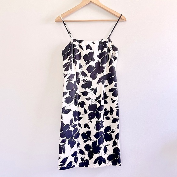 Vintage Floral Mini Dress Ann Taylor Black White 100% Silk 90s Y2K Satin Girly - Picture 1 of 6